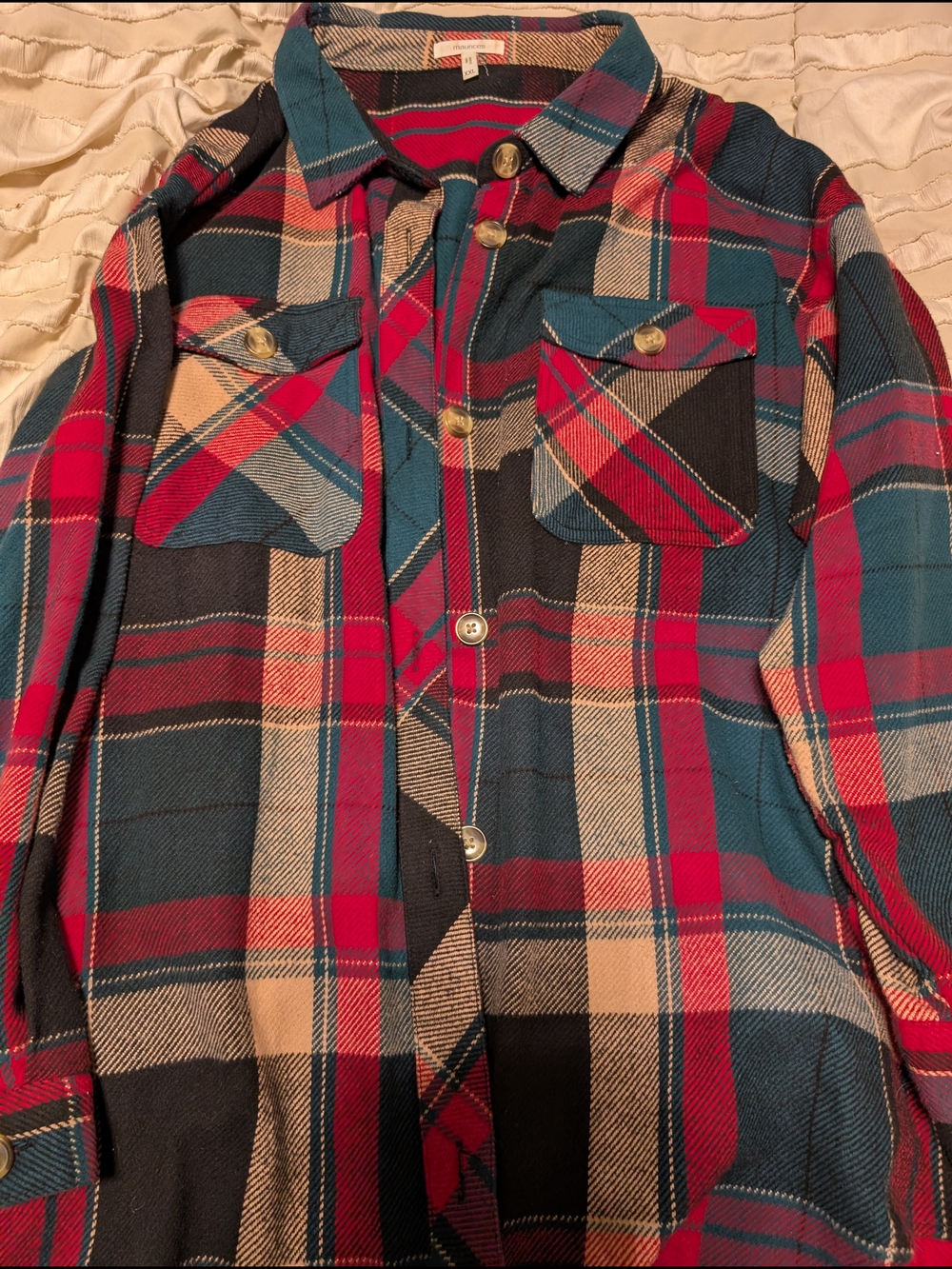 Maurices Red Teal Black Plaid Button-Down Shirt